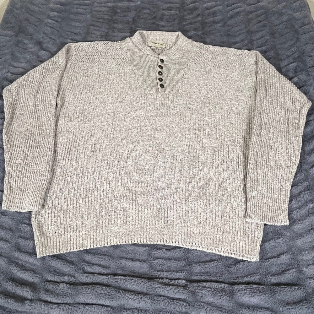 Eddie Bauer Mens Large Tall Cotton Henley Sweater Beige Oatmeal Marl Made in USA - Picture 2 of 7